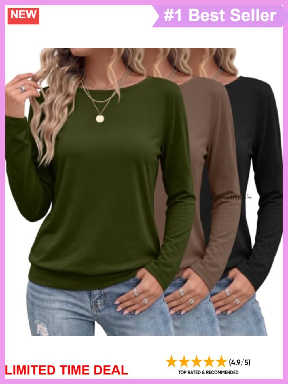 3 Pack Women's Boat Neck Long Sleeve Tops Loose Fit T-Shirts